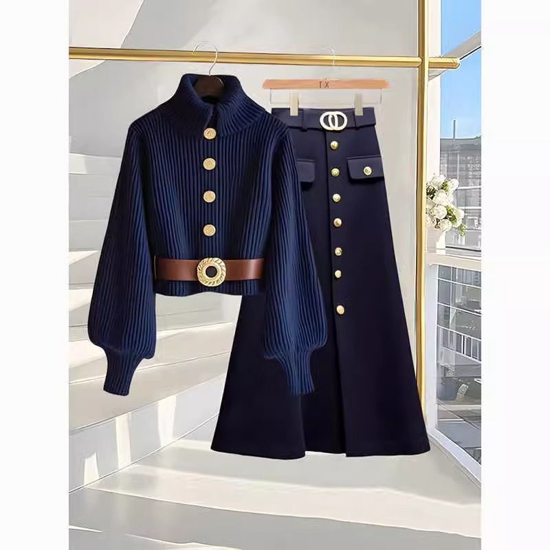 Abito di alta qualità per le donne, nuova moda di nicchia, temperamento anti-età, maglione a collo alto e gonna in due pezzi_voghion.com
