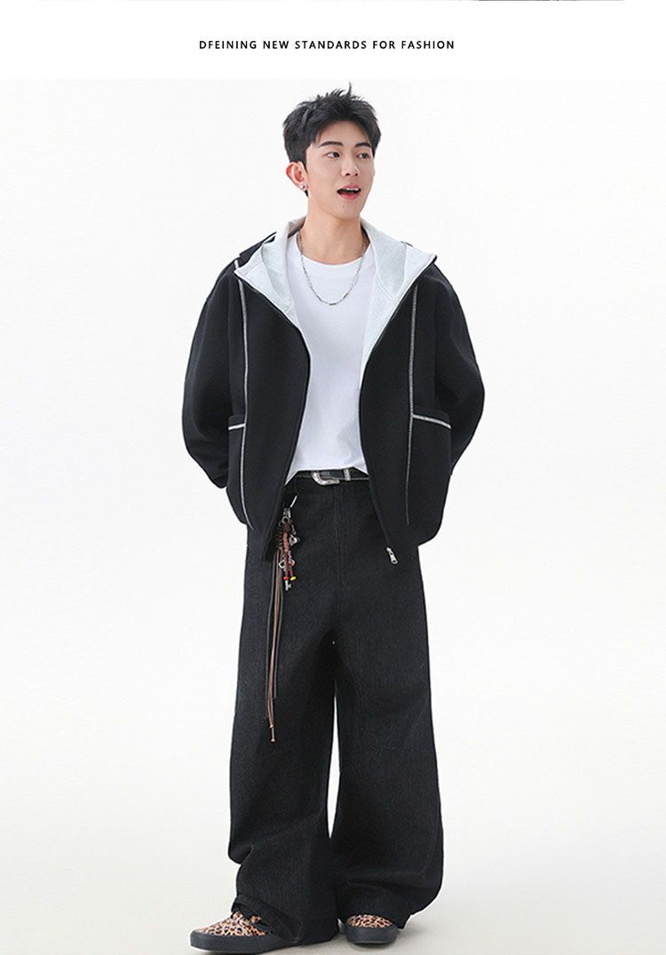 Men's Streetwear Heavyweight Hoodie | Oversized American Style Zip-Up With Contrast Stitching & Air-Layer Design_voghion.com