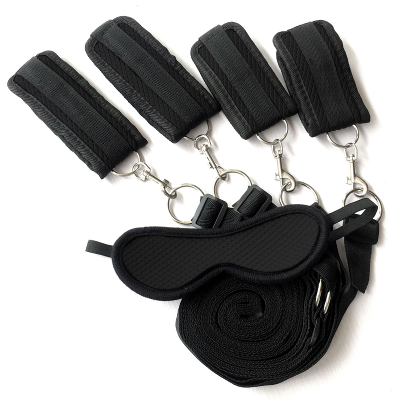 SM embossed printed sponge bed binding with female slave hand and foot cuffs bondage sex toy_voghion.com