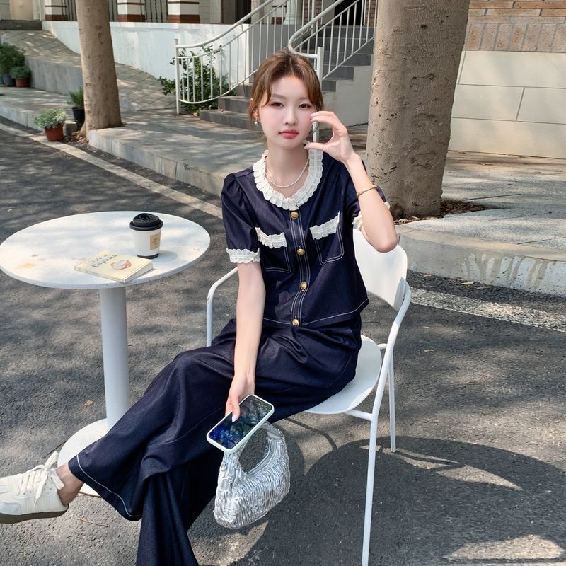 European Tencel Denim Matching For Women 2025 Spring Summer New Style Elegant Slimming Casual Wide-Leg Pants Two-Piece_voghion.com