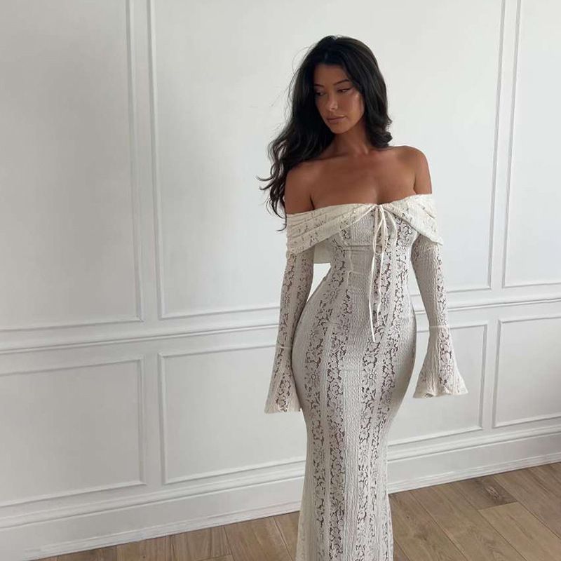 Women's Clothing Off-Shoulder Lace Mermaid Dress – Long-Sleeve Sexy Bodycon Gown (White/Black/Pink/Beige)_voghion.com