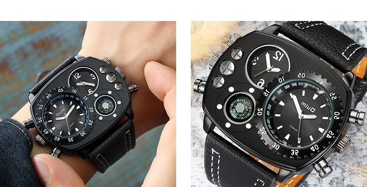 Men's Dual Time Zone Fashion Watch With Compass Design, Large Square Dial, Genuine Leather Strap, Singapore Quartz Movement Luxurious Gift_voghion.com