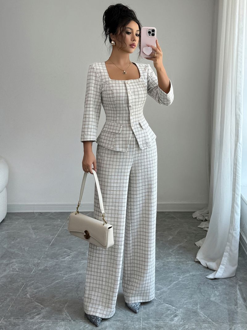 Elegant Houndstooth Blouse & Trousers Set – Stretch Polyester-Spandex Office-to-Cocktail Outfit (S-XL, Beige)_voghion.com