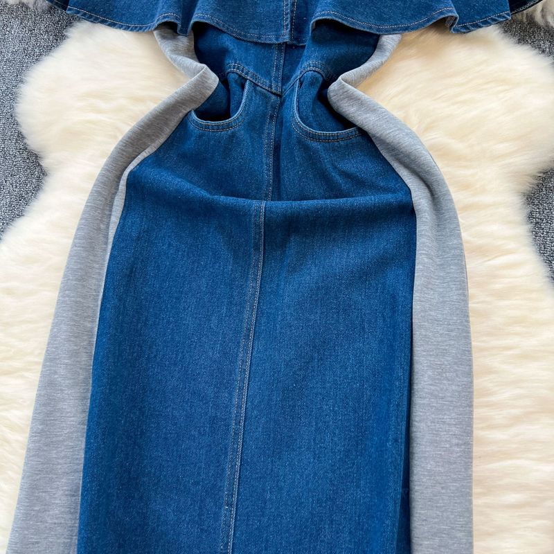 Nischen-High-End-Zweiteiler-Spleißen-Jeanskleid für Frauen Koreanische Version des Retro-Temperaments mit gerüschter Taille_voghion.com