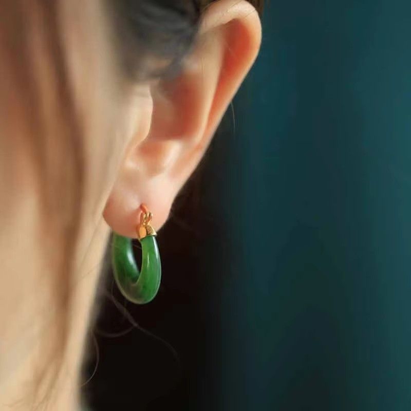 Chinese National Style Gold-Plated Drop Earrings - Natural Chalcedony & Green Jadeite-Inspired Design For Women (Ear Stud Base)_voghion.com