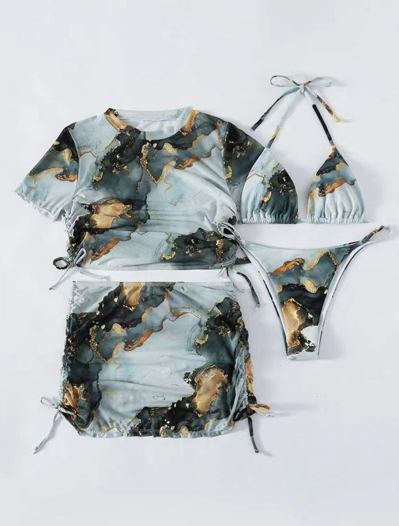 Women's Swimwear Slim Ready Stock Sexy One Size Push Up Marble Pattern Four-piece Bikini Swimsuit_voghion.com
