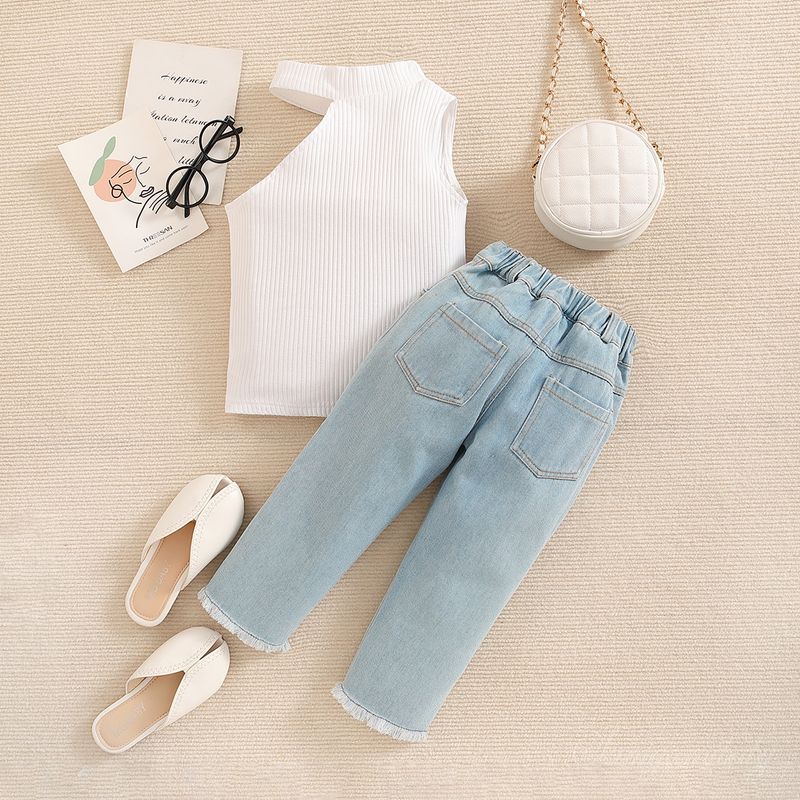 Småjenteklær Fasjonable jentedresser Nye sommerklær Jentekjoler med bare skuldre Ripped Jeans Dress med to deler_voghion.com