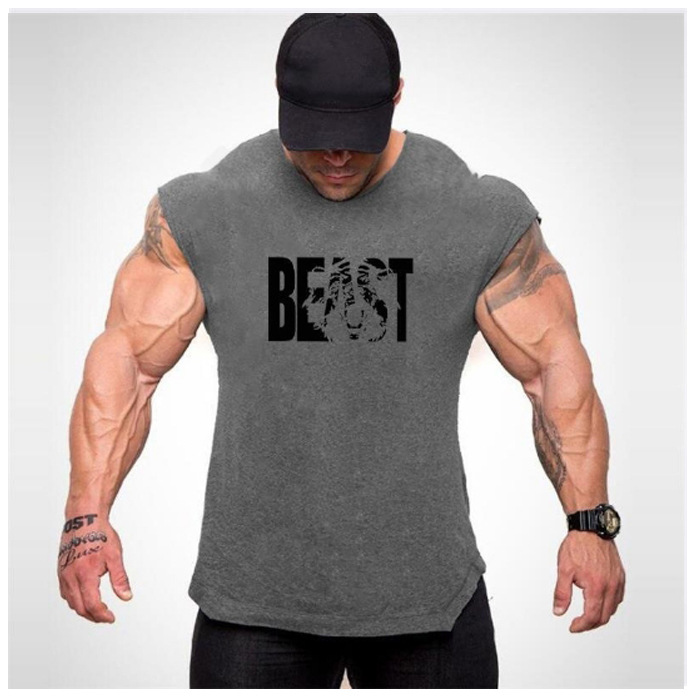 BEAST Beast Cotton Fitness Tank Top meeste jõusaali sporditreening õhuke ümmargune ääris Slim Fit varrukateta T-särk_voghion.com