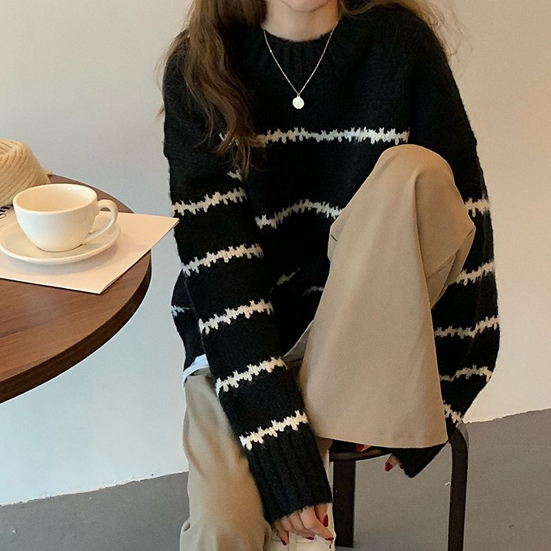 Japanese Retro Striped Knit Sweater Women's Loose Fit Long Sleeve Turtleneck Pullover - Soft Comfortable Chunky Knit Casual Top_voghion.com