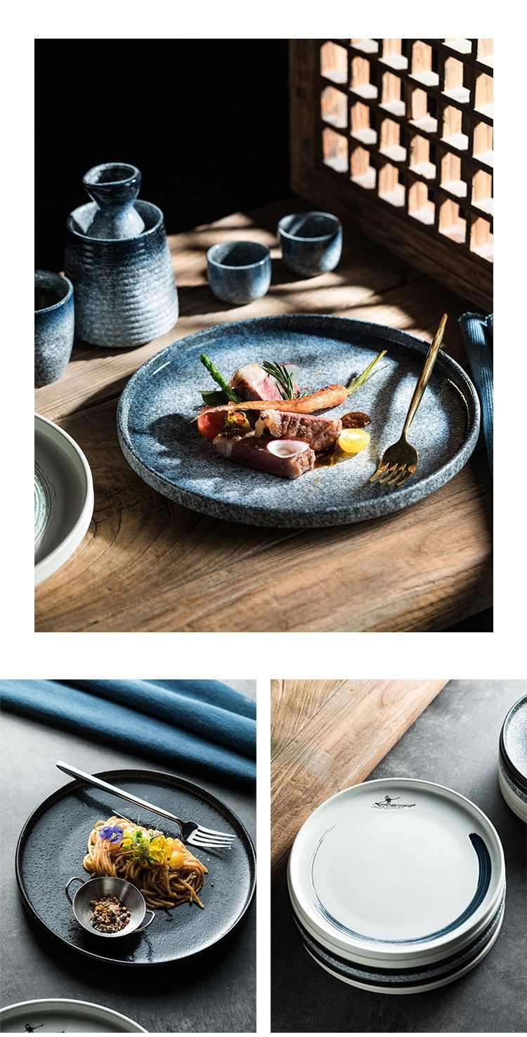 Assiette plate en céramique pour steak, style japonais, haut de gamme, usage commercial et domestique, couleur sous glaçure, pour dessert et poisson_voghion.com