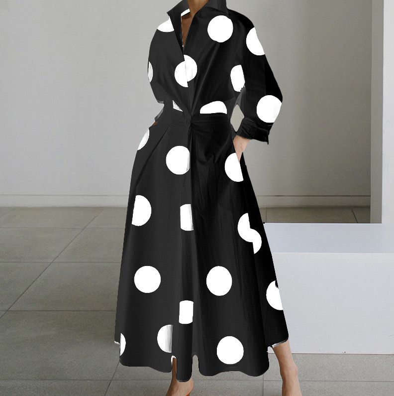 Abito lungo in velluto grigio, con maniche a pois, scollo a V, cerniera alta, comodo e antirughe, modello midi primaverile_voghion.com
