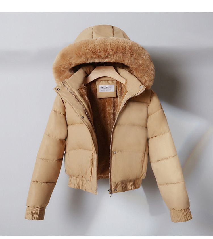 Piumino corto da donna con cappuccio e bordo in pelliccia sintetica - Caldo cappotto invernale foderato in pile per capispalla casual e di piccola taglia, nei colori nero/beige/kaki/marrone_voghion.com