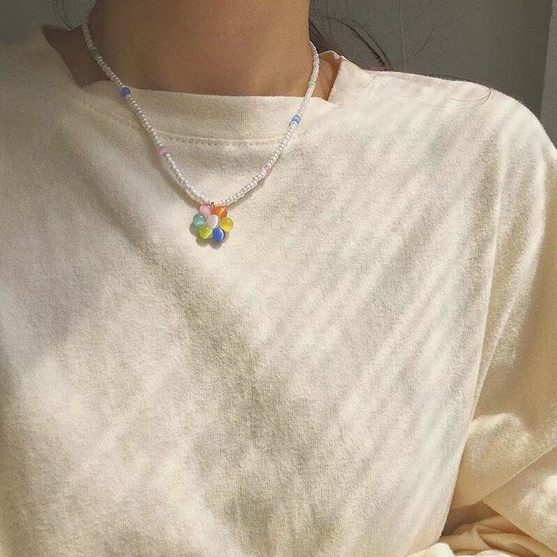 Korean Sen style sweet, simple versatile, and fresh rice bead crystal beads, small flower necklace, bracelet, ring set_voghion.com