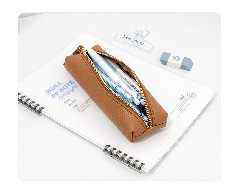 Estojo de couro simples para lápis, bolsa para armazenamento de canetas de escritório, caneta de assinatura, bolsa portátil com zíper à prova de vazamentos para artigos de papelaria_voghion.com