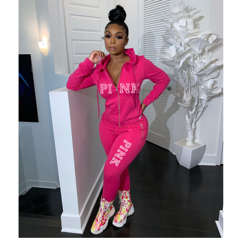 Tuta sportiva stampata casual da donna con felpa in pile con cappuccio in due pezzi_voghion.com