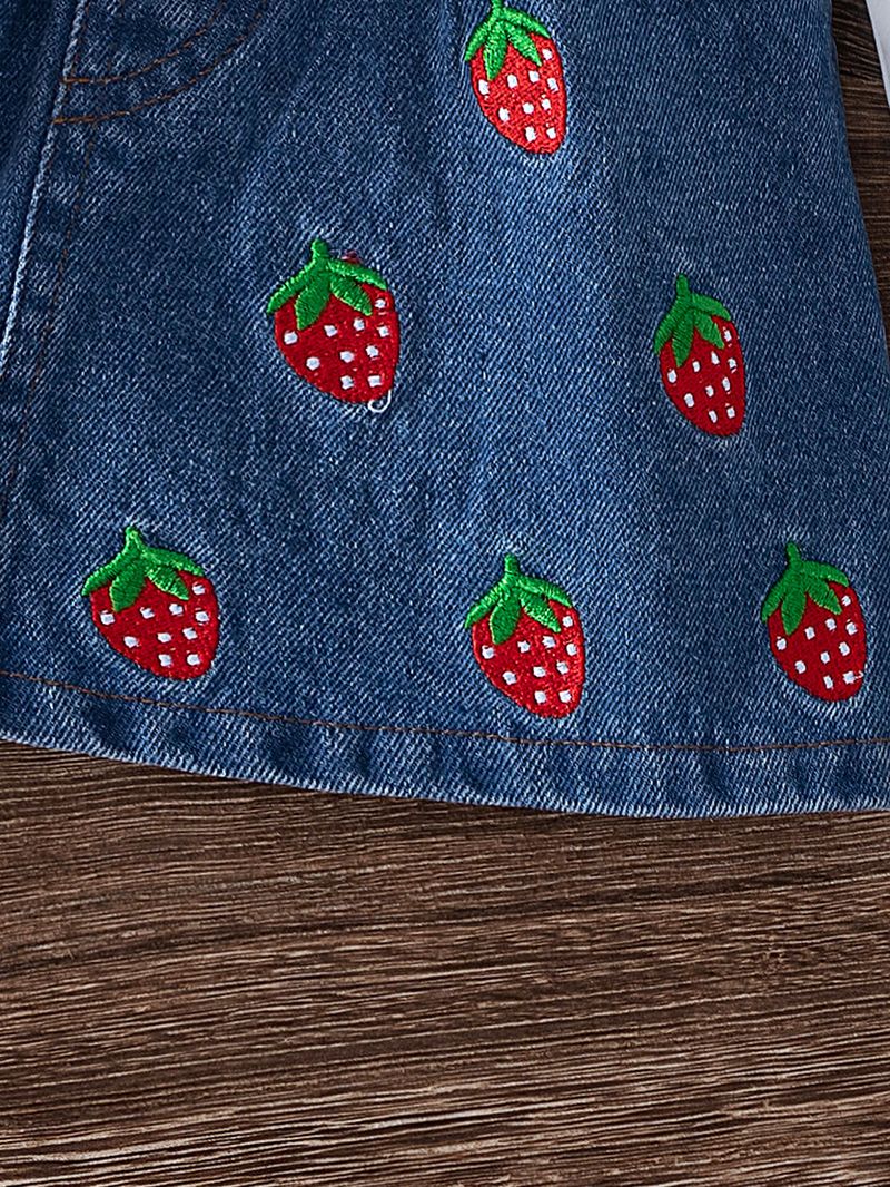 Ensemble 3 pièces pour petite fille, haut à manches flottantes et jupe en jean brodée, avec sac assorti (3-8 ans, blanc)_voghion.com