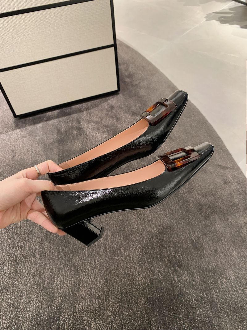 Cowhide Version ~ Grape Mom Same Style Classic Shallow Mouth Elegant High Heels Toe Slimming Chunky Heel Square Buckle_voghion.com