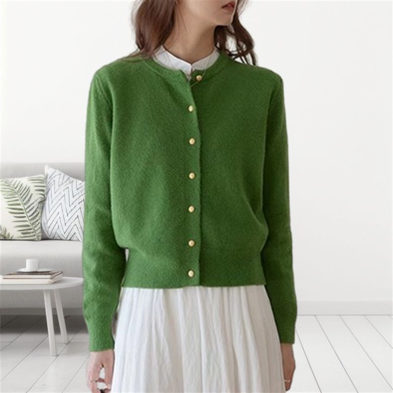 Cardigan lavorato a maglia con scollo rotondo e bottoni dorati, da donna, coreano, delicato, autunno 2024, casual, basico, giacca_voghion.com