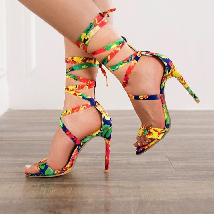 Colorful Fashion Sandals, Women's Summer Slim Loop Tie High Heel Sandals_voghion.com