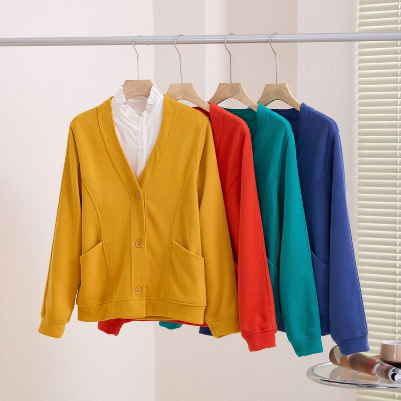 Nový kardigan s dlouhým rukávem a výstřihem do V, Minnie fleece, patchworková přezka, jarní a podzimní literární styl, jednobarevná tenká bunda_voghion.com