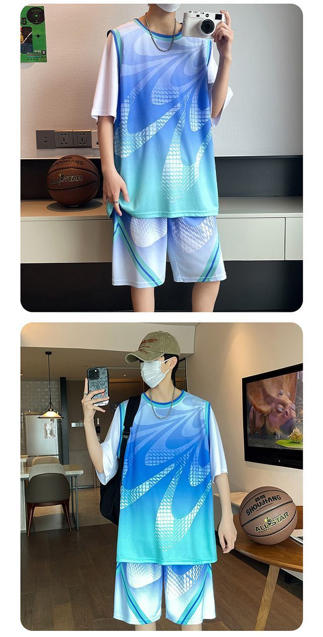 Summer New Quick-Dry Ice Silk Short Sleeve Sports Set Vest Shorts Casual Running Cool Student Basketball Wear_voghion.com