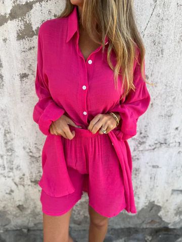 Conjunto de duas peças feminino casual de algodão e linho, cor sólida, manga comprida, camisa de tecido amassado, 2025_voghion.com
