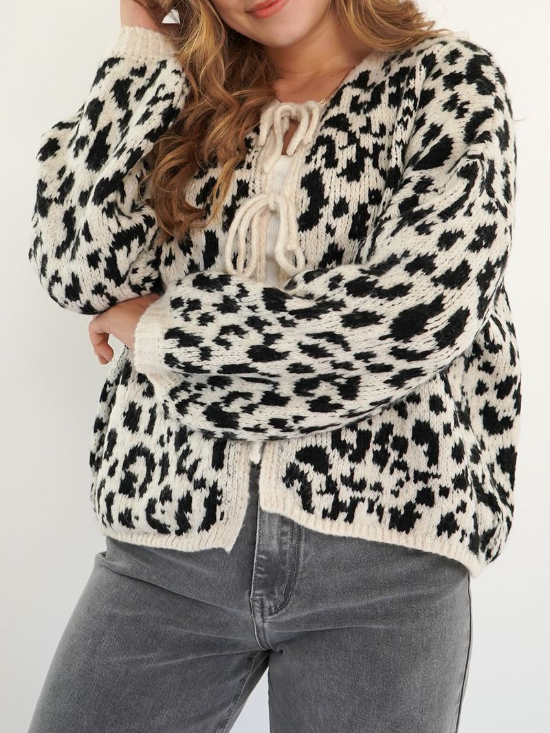 Women's Leopard Print Knit Cardigan – Retro Tie-Front Open Sweater Coat (Black, Green, Orange, Khaki, Burgundy)_voghion.com