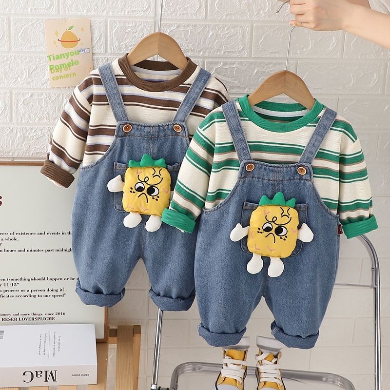 Set da due pezzi per bambini 2024, elegante felpa con cappuccio a righe, set di salopette in denim per bambini autunnali_voghion.com