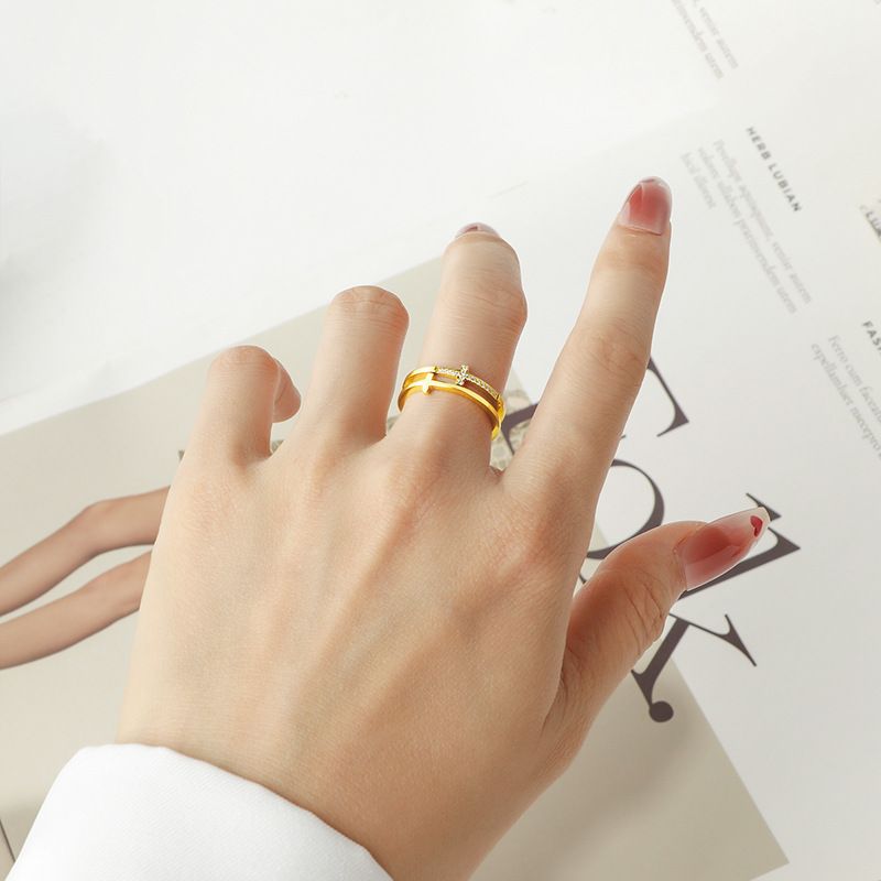 Ins double layer cross diamond ring titanium steel cold style light luxury temperament exquisite hand jewelry men and women fashion jewelry_voghion.com