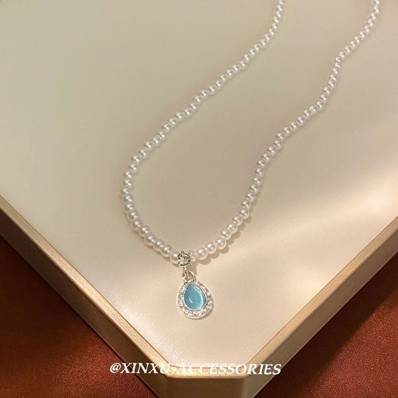 Französische blaue Tropfenperle 2024 Neues Stiltemperament, Persönlichkeit, Einfachheit, Nische, vielseitige High-End-Halskette_voghion.com