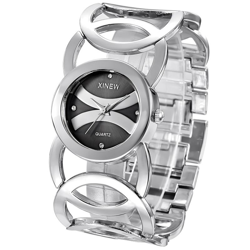 Elegante Damen-Quarzuhr mit Edelstahlarmband und ineinandergreifenden Ringen – modisches rundes Zifferblatt, 28-mm-Gehäuse, wasserdicht_voghion.com