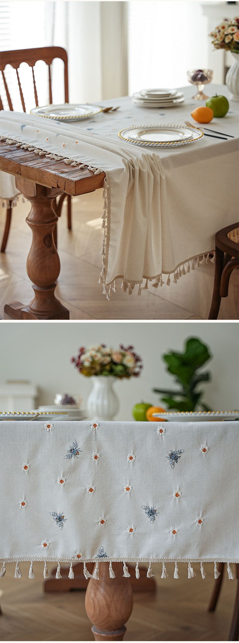 Luxury Waterproof Tablecloth - Pink Floral Embroidery On Linen, Stain & Dust Resistant For Dining Table (150x220cm, Machine Washable)_voghion.com