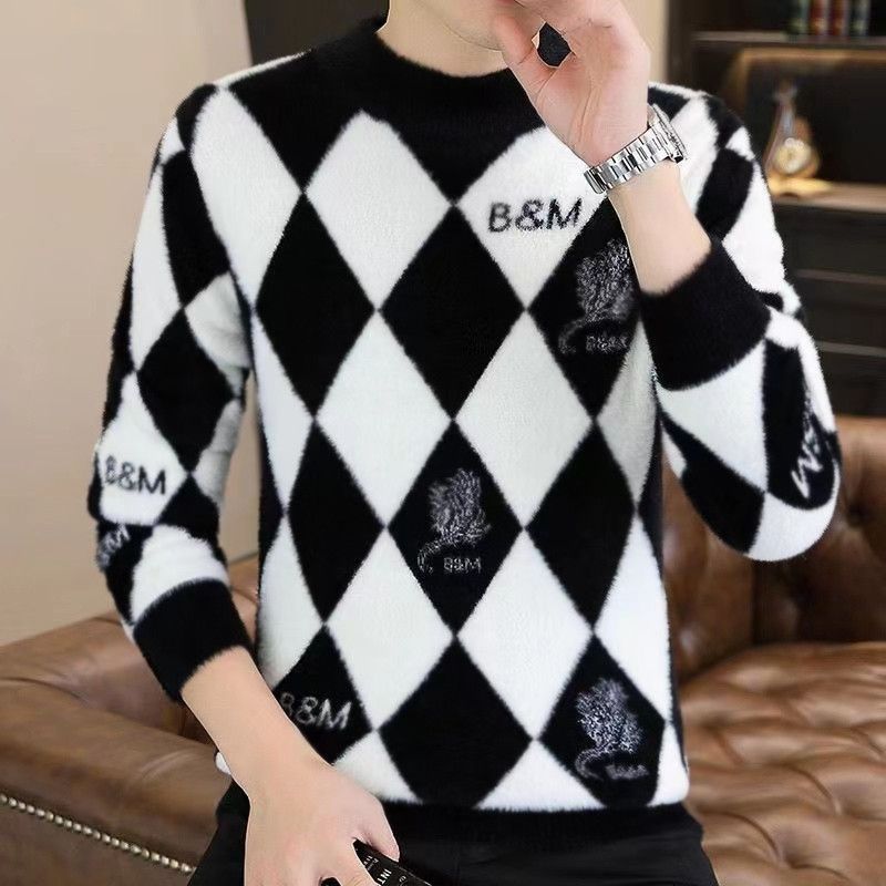 Suéter nuevo para hombre, cuello medio alto, suéter de base de punto a cuadros de otoño e invierno, chaqueta cálida engrosada de alta gama,_voghion.com