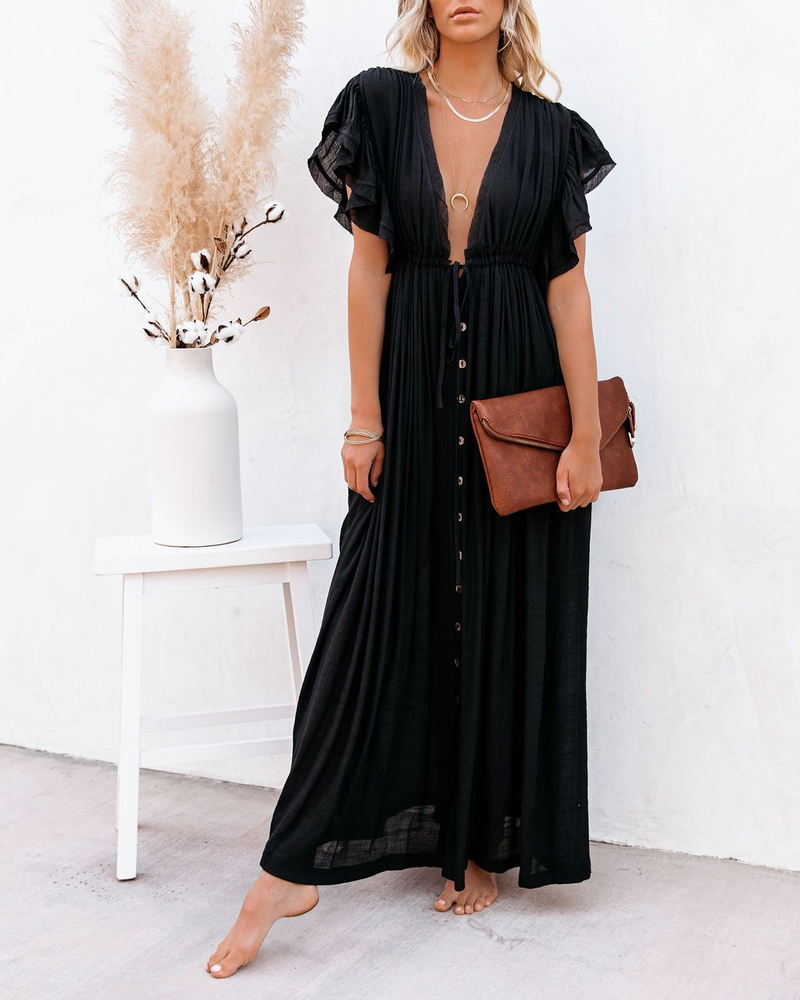 nuovo stile copricostume da spiaggia in tessuto di bambù con bottoni, corda in vita, gonna lunga, camicia di protezione solare_voghion.com