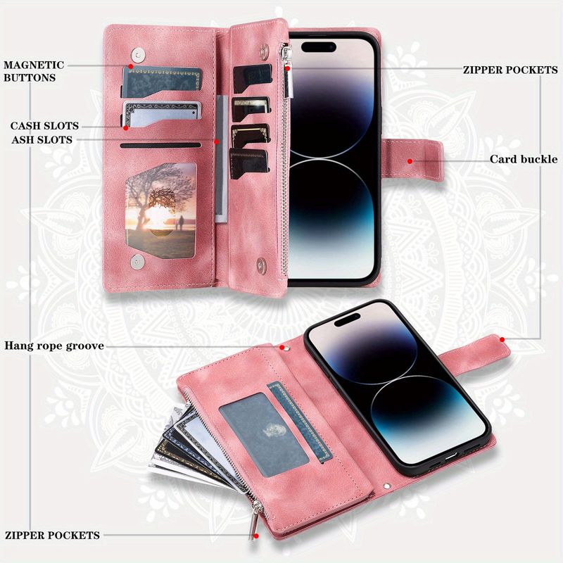 PU Leather Cover with Zipper Card Slots, Magnetic Wrist Strap, and Multiple Card Holders for 15, 14, 13, 12, Mini, 11, Pro, X, XS, Max, XR, 8, 7, SE_voghion.com