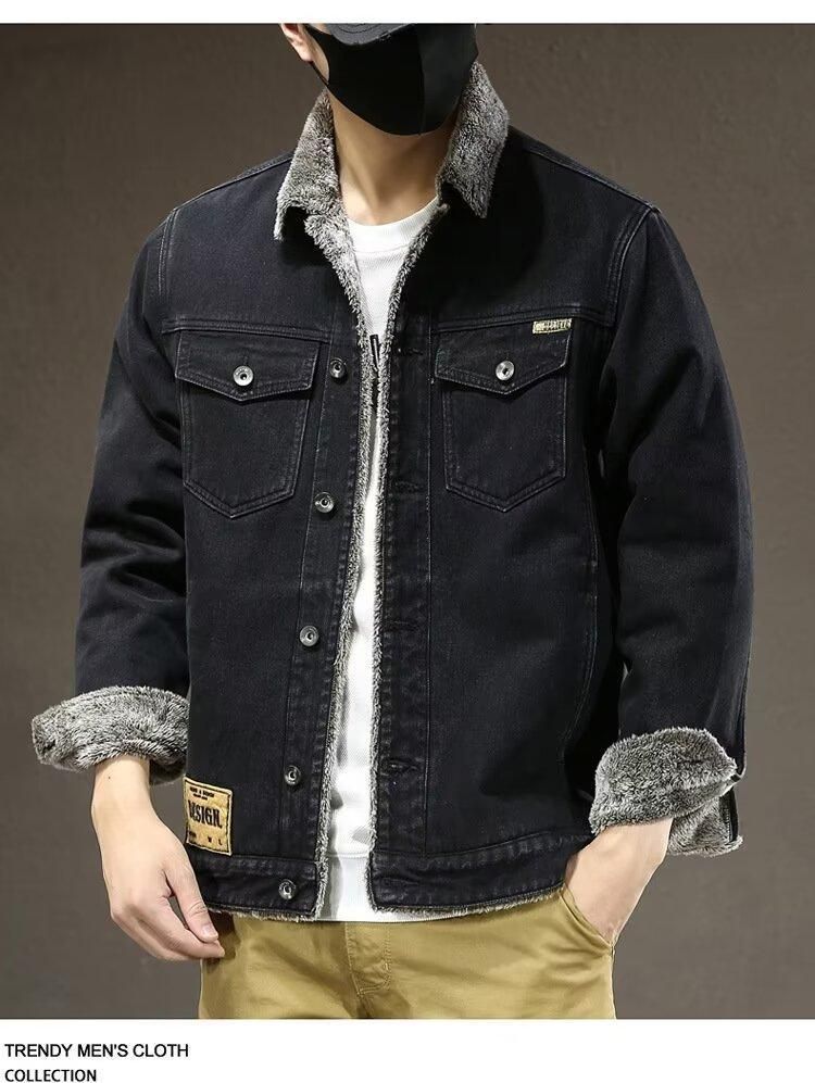 Giacca in denim foderata in pile invernale vintage da uomo, cappotto da lavoro oversize con calore ispessito, cappotto casual ampio alla moda (nero)_voghion.com
