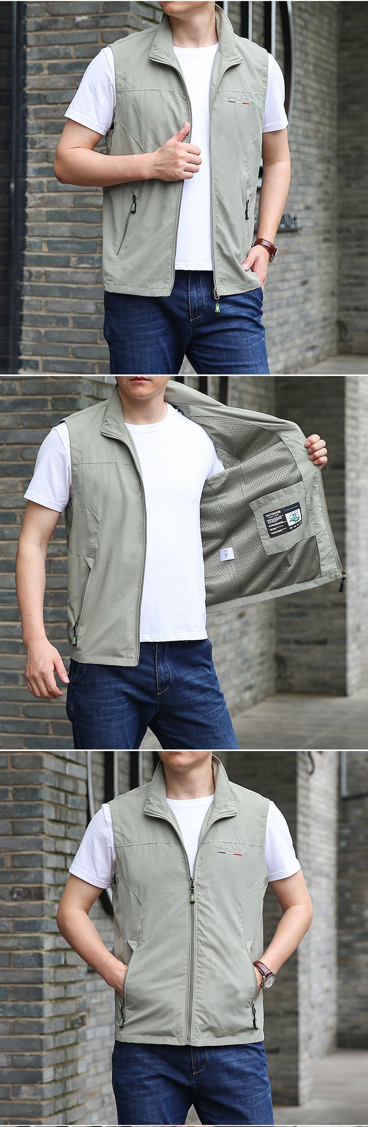 Herrenweste mit mehreren Taschen – leichte, atmungsaktive Arbeitsjacke mit Stehkragen (Khaki/Armeegrün/Marineblau/Schwarz/Hellgrau, M-6XL)_voghion.com