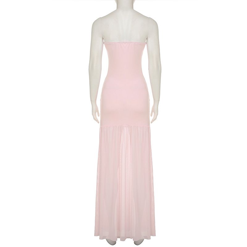 Pure Desire, sexy trägerloses Kleid mit einer Schulter aus Netzstoff, feminines Temperament, hohe Taille, schmale Passform, Schlitz, hüftbetont lang_voghion.com