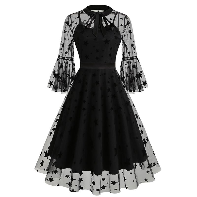 Zweiteiliges mittellanges Kleid für Damen im dunklen Gothic-Halloween-Stil_voghion.com