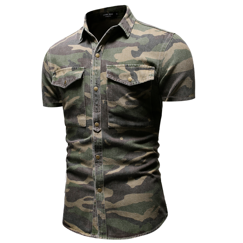 Man's clothing Denim short sleeve shirt Personalized camouflage denim shirt_voghion.com