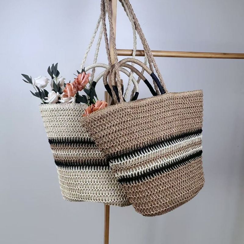 Borsa a tracolla alla moda da donna in paglia a righe patchwork, nuova estate 2025_voghion.com