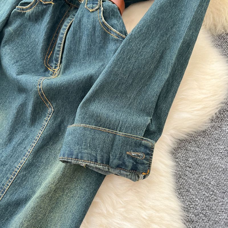 Abito midi a trapezio con cintura in vita, a maniche lunghe, in denim, stile retrò francese, da donna, vestibilità slim, con colletto a revers_voghion.com