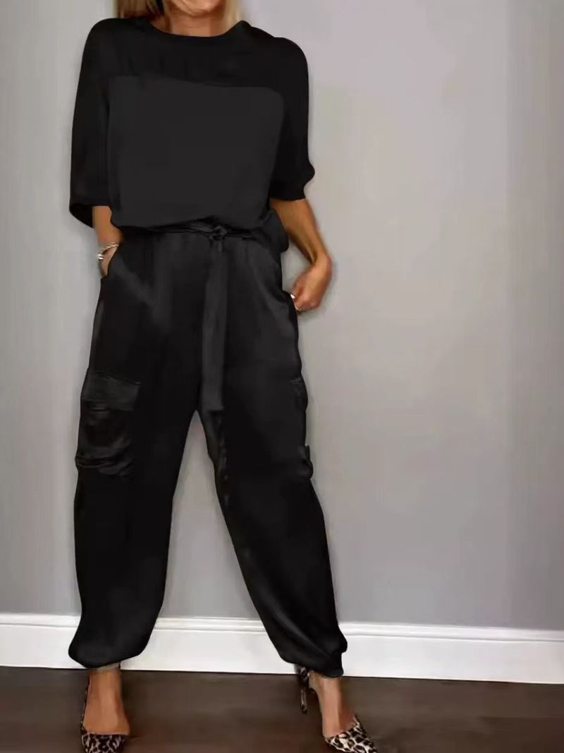 K Neue Mode Junge Dame Satin Halbarm Lange Hosen Anzug Top Und Hose 2 Stück Set_voghion.com