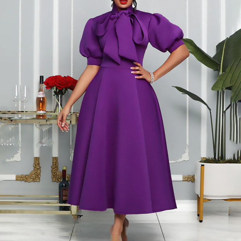 Rochie de banchet pentru femei de marime mare de vara nou bowknot doamnelor de culoare solida fusta cu maneca scurta _voghion.com