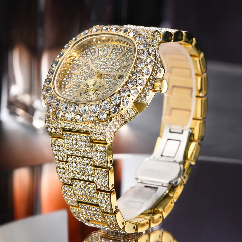 Hip Hop Marke MISSFOX Mode Iced Out Uhren Männer Voller Diamanten Gold Automatische Datum Uhr Stahl Wasserdichte Uhr Männlich_voghion.com