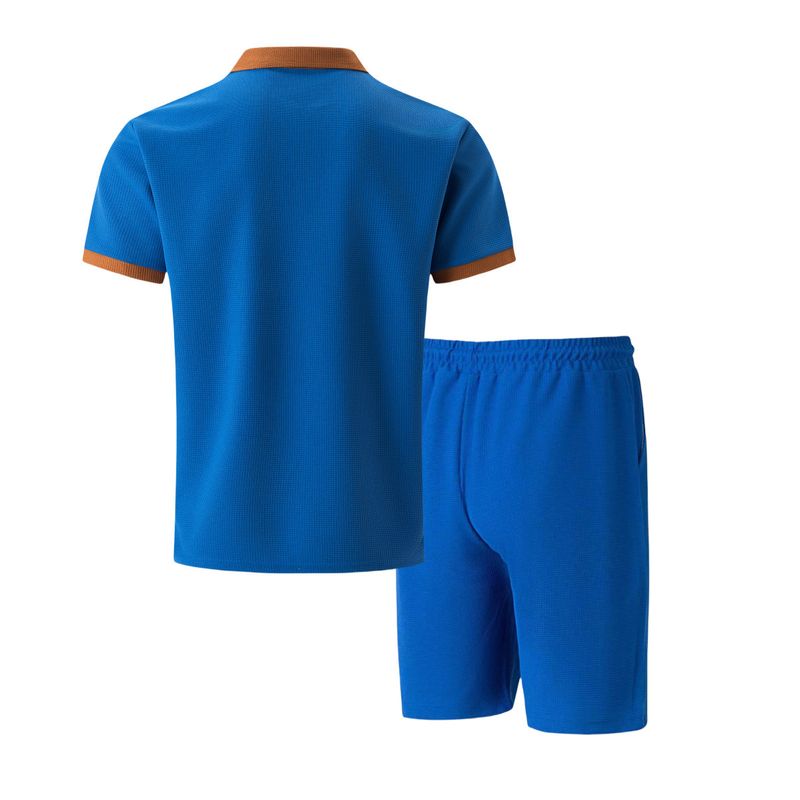 Men's Waffle-Knit Short Sleeve Suit - Lapel Collar & Chest Pocket Button-Up Shirt With Matching Shorts_voghion.com