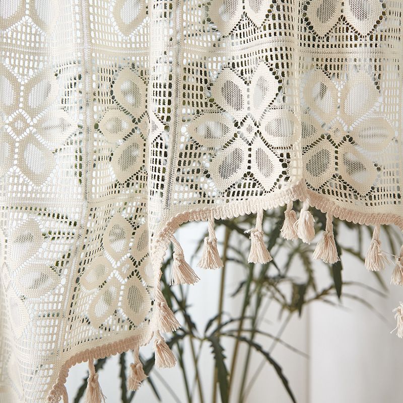 Kanten deurgordijn met kwastjes - elegant transparant paneel voor café, geen boor nodig, spanstang, stofdicht polyester voor eetkamer, entree en balkon_voghion.com