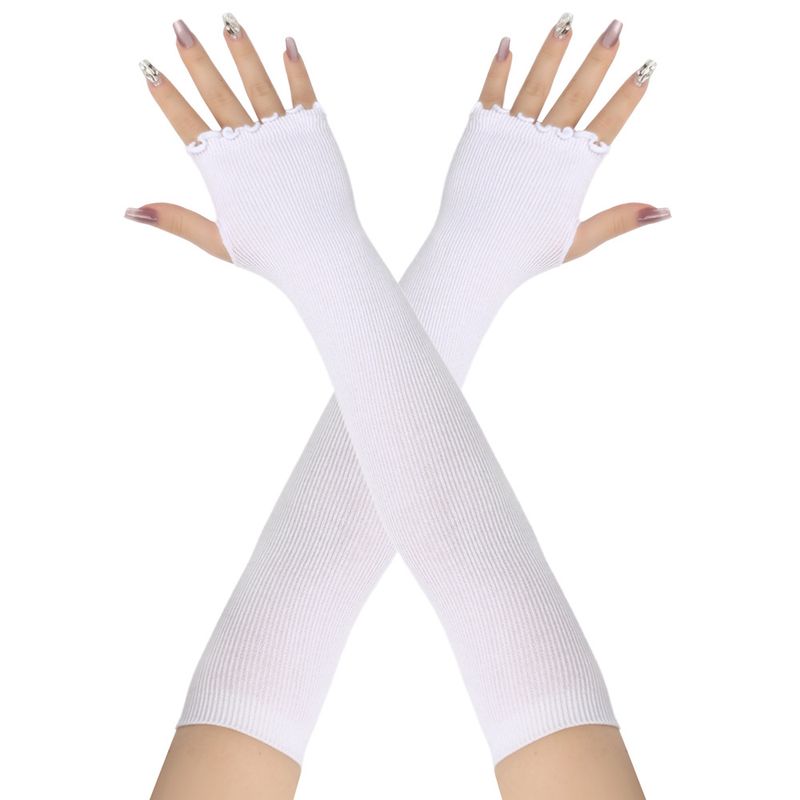 Unisex Long half-finger gloves with wooden ear edge Knitted warm cotton solid color open finger ruffled extended gloves_voghion.com