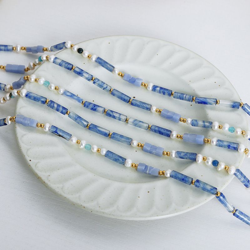 High End Gevoel, Licht Luxe Stijl, Natuurlijke Steen Blauwe Jadeiet Handgemaakte Kraal Zoetwater Parel Ketting Accessoires Voor_voghion.com