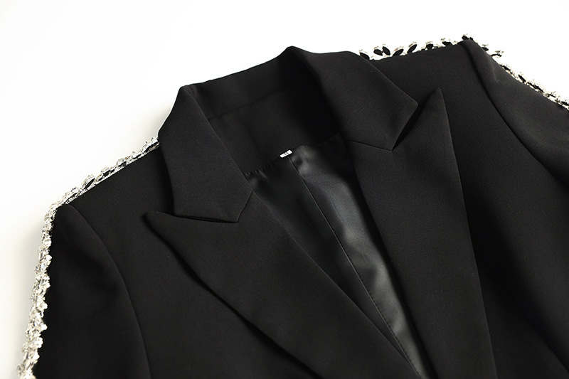 Costume deux pièces noir à strass pour femmes, coupe slim, manches longues, pantalon droit évasé légèrement épicé_voghion.com